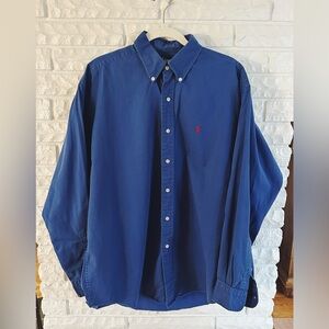 Ralph Lauren Blue Button-Down Shirt with Red Pony Logo